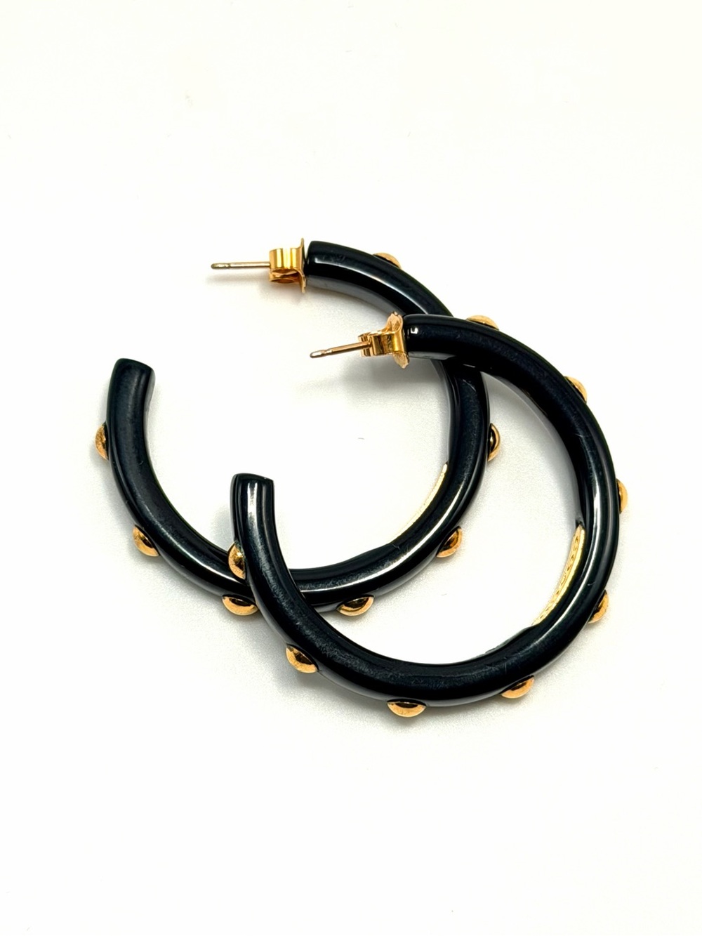Coach Black Lucite Gold Tone Studded Hoop Earrings 1.5” Logo - Picture 8 of 14